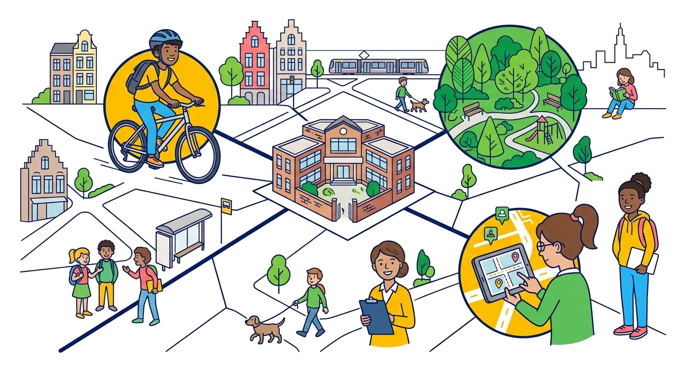 Illustration: Brussels urban living lab — school at the centre, mobility, green space, and community life on a neighbourhood map